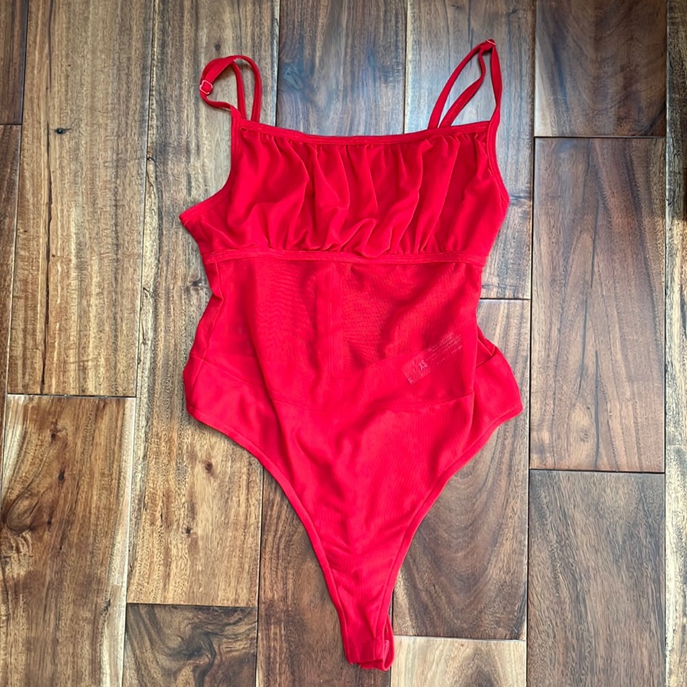 Red Spaghetti Strap Sexy Mesh Bodysuit - Size XS